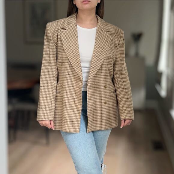 Vintage Jackets & Blazers - Vintage Tan Houndstooth Double Breasted Blazer 8 Union Made